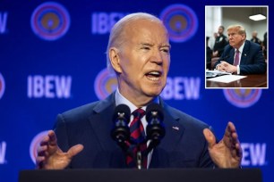 Joe Biden and Donald Trump in a collage, with a man speaking into microphones