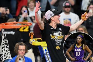 Caitlin Clark celebrates after Iowa defeated LSU in their Elite Eight game on Monday.