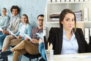 A collage of people sitting in chairs waiting for job interviews and woman looking confused