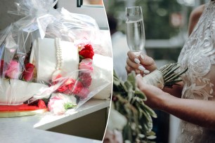 Crashed birthday white cake in box, Bride holding a glass of champagne and a bouquet at a wedding