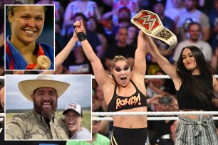 Ronda rousey in the ring, with a medal and with her husband