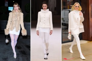A triptych of AnnaSophia Robb, Margaret Qualley and Gigi Hadid, all wearing white tights.