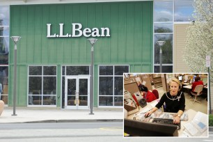 LL Bean storefront with an inset of an employee at the call center