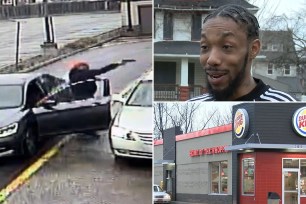 Suspect holding a gun, left. Howard Vernon, the Burger King employee, upper right. The Willowick, Ohio, Burger King, lower right. 