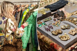 A side-by-side of a woman shopping for vintage next to an array of gold jewelry