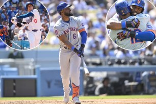 Starling Marte's three-run homer was the difference in the Mets' 6-4 win over the Dodgers and Shohei Ohtani (inset).