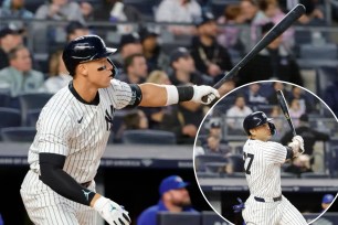 Aaron Judge and Giancarlo Stanton (inset) both homered in the first inning of the Yankees' 9-8 win over the Blue Jays.