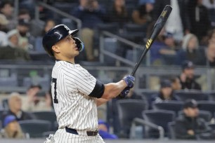 Giancarlo Stanton belts a solo homer in the sixth inning of the Yankees' 5-2 win over the Marlins.