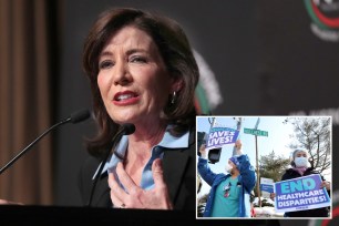 New York State Governor Kathy Hochul, New York City Mayor Eric Adams and the Reverend Al Sharpton, President and Founder of the National Action Network all speak at the National Action Network annual convention in New York City on April 10, 2024