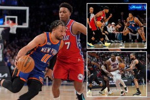 The Knicks' Jalen Brunson drives against the 76ers' Kyle Lowry; OG Anunoby guards the Heat's Jimmy Butler; Joel Embiid during a 76ers-Heat game