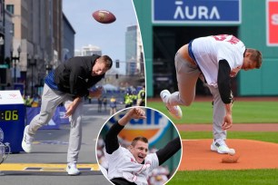 Former All-Pro tight end Rob Gronkowski, who retired in June 2022, did his famous Gronk spike while throwing out the first pitch before the Red Sox-Guardians game and at the Boston Marathon on Monday. 