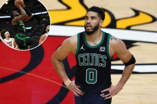 Jayson Tatum in basketball uniform alongside Philipp Grubauer in a collage image