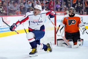 Capitals star Alex Ovechkin celebrates after scoring a goal against the Flyers earlier in the season.