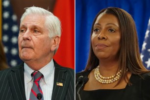 A man and woman in suits, including Letitia James