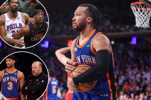 Jalen Brunson during the Knicks' regular-season-finale win over the Bulls; Joel Embiid and Bam Adebayo; Josh Hart and Tom Thibodeau