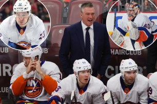 Patrick Roy, Semyon Varlamov (inset-right) and Mathew Barzal (inset-left)