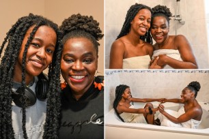Mom showers in front of daughter