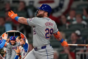 DJ Stewart gave the Mets the lead in the eighth inning with his home run.