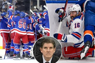 The Rangers celebrate a win; Vincent Trocheck takes a hit; Peter Laviolette