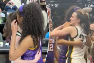 LSU forward Angel Reese whispered something in the ear of Iowa guard Caitlin Clark when they shared a hug after the Hawkeyes beat the Tigers 94-87 in their Elite Eight matchup on Monday. 