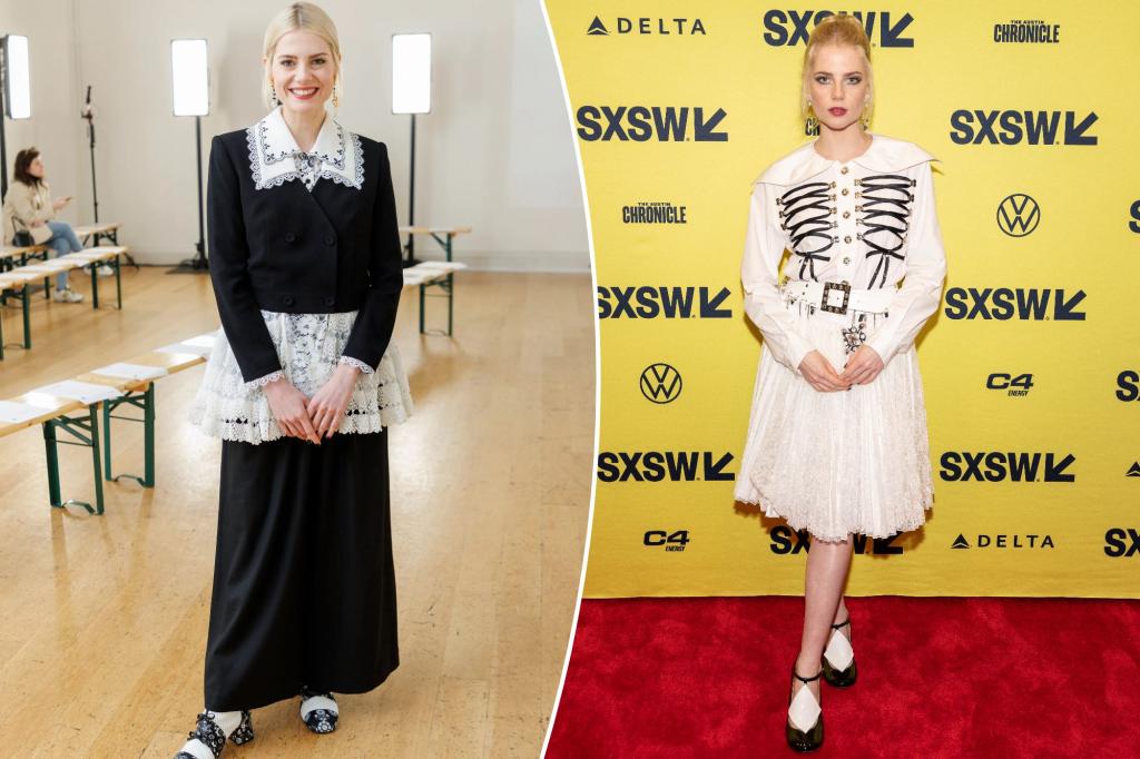 Side by side of Lucy Boynton in a long black dress with a white collar and a short white dress with black ribbons