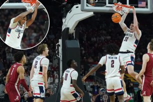 Donovan Clingan and Stephon Castle (inset) led UConn to an 86-72 Final Four win over Alabama.