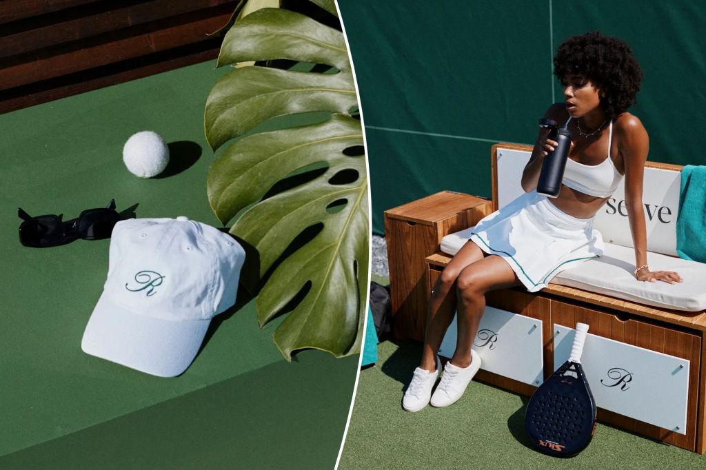 Image of a baseball cap from the Reserve and a woman drinking water from a bottle while taking a break from padel.