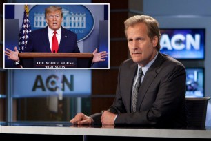 Jeff Daniels next to an image of Trump.