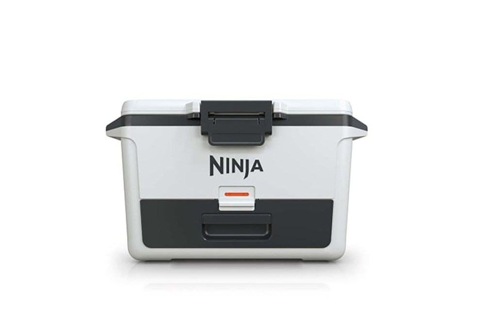 A white and black cooler labeled as 'ninja'