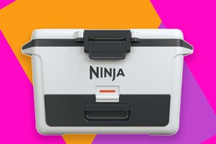 A white and black cooler on multi-color background