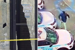 A composite photo of a smashed window at the Midtown South Precinct and one of the suspect