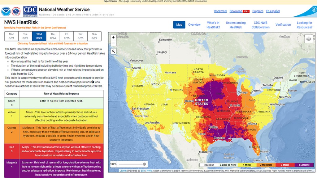 This is NOAA’s NWS experimental HeatRisk tool website for the contiguous U.S., where NWS forecasts are combined with CDC heath-heat data to identify potentially dangerous heat.