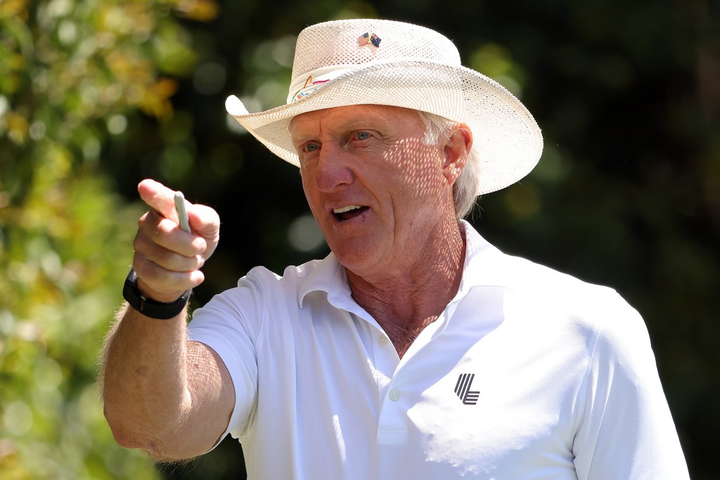 Greg Norman, CEO and Commissioner of the LIV Golf Tour, walks down the fourth hole during the second round of the 2024 Masters.