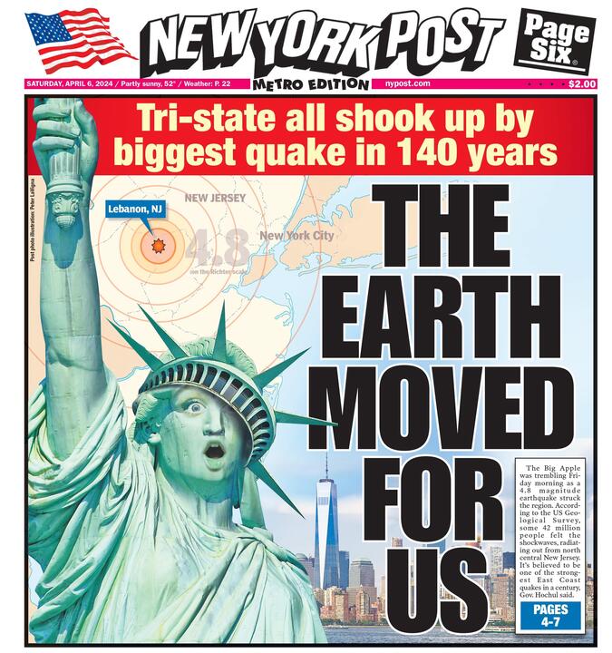 Cover of New York Post dated April 6, 2024, featuring an image of the Statue of Liberty.