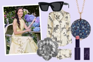 Collage of Olivia Chantecaille and many of her favorite things, including sunglasses, pajamas, jewelry, and makeup