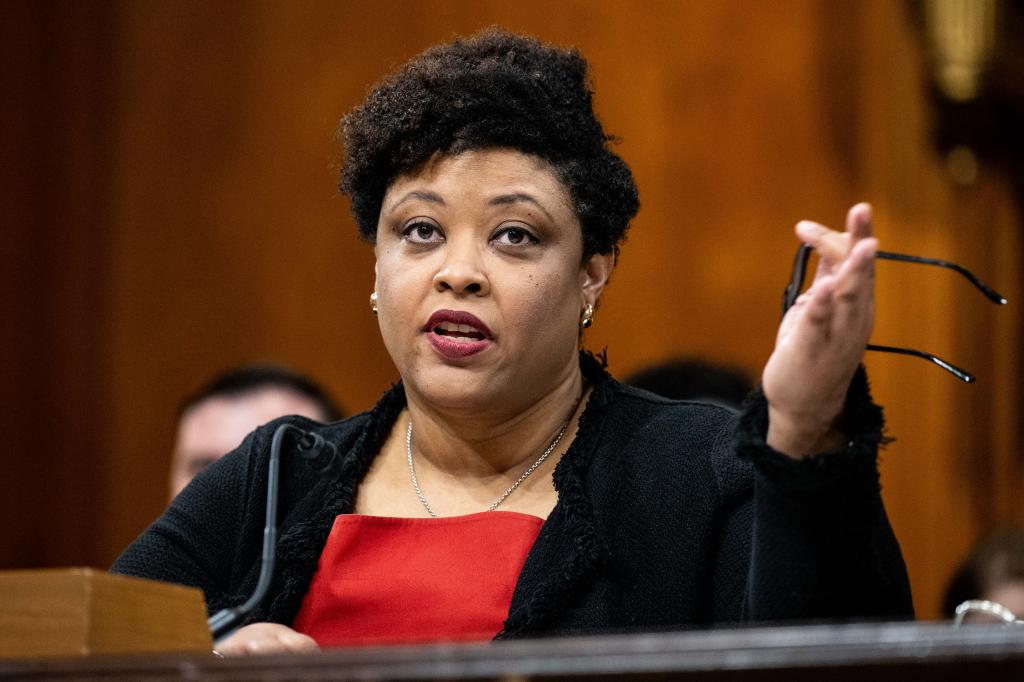 Shalanda Young, Director, Office of Management and Budget (OMB), speaking at a Senate Budget Committee hearing at the U.S. Capitol.