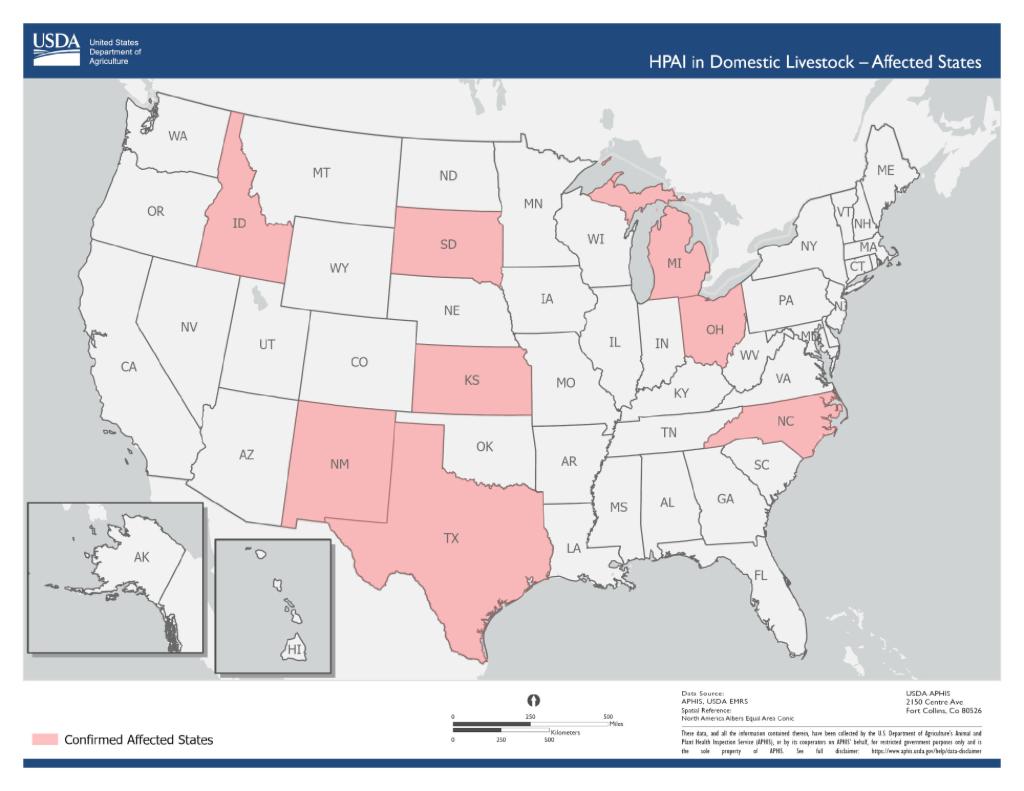 Map of the united states showing confirmed cases of bird flu cattle outbreaks