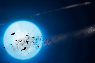 Debris from a disrupted planetesimal on an eccentric orbit around a white dwarf, with a moon and falling meteorite in space