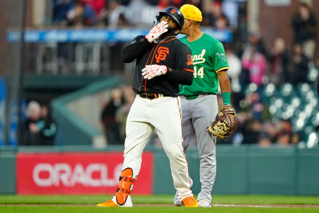 Pablo Sandoval (48) blows a kiss after getting a base hit at Oracle Park on March 26, 2024 in San Francisco, California.