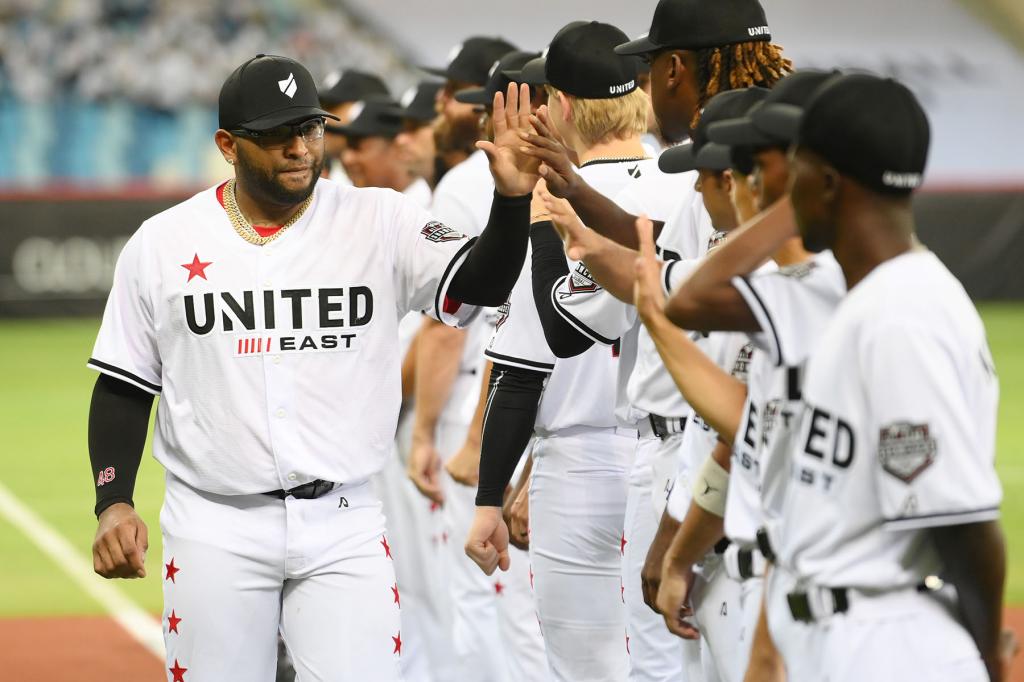 Pablo Sandoval #48 of the United East All-Stars is introduced prior to the Baseball United Showcase at Dubai International Stadium on November 24, 2023 in Dubai, United Arab Emirates