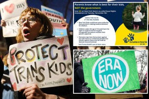 Hundreds protest a Trump administration announcement this week that rescinds an Obama-era order allowing transgender students to use school bathrooms matching their gender identities, at the Stonewall Inn on February 23, 2017 in New York City