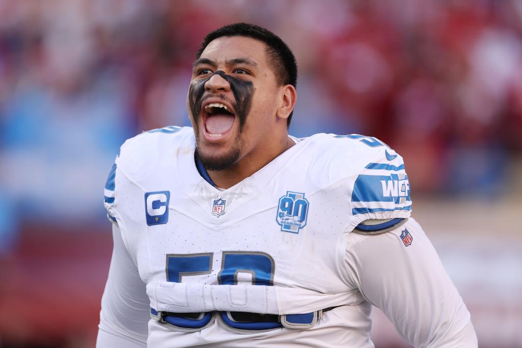 Penei Sewell #58 of the Detroit Lions reacts prior to a game against the San Francisco 49ers