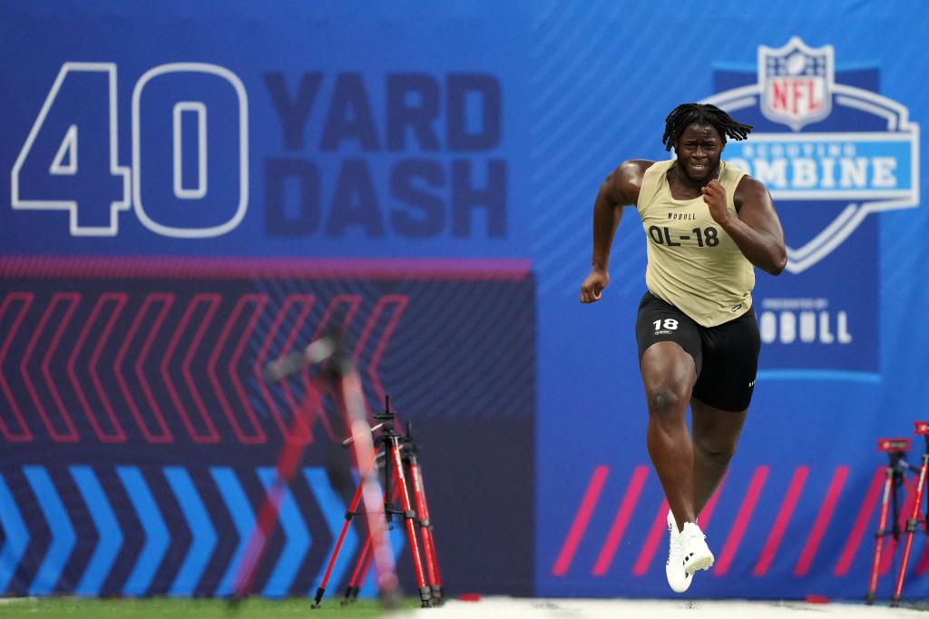 Penn State offensive lineman Olu Fashanu (OL18) during the 2024 NFL Combine