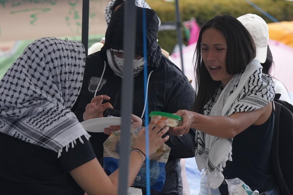 Protester hands another rallier a hummus.