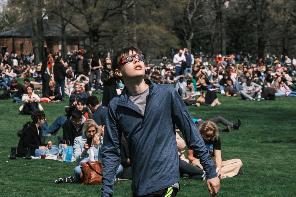 A crowd gathered at  Sheep's Meadow in Central Park.