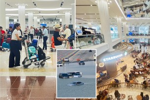 People queuing at the check-in counter at Dubai International Airport after a rainstorm, April 17, 2024, including celebrity Kiran Manisha Mohanty.