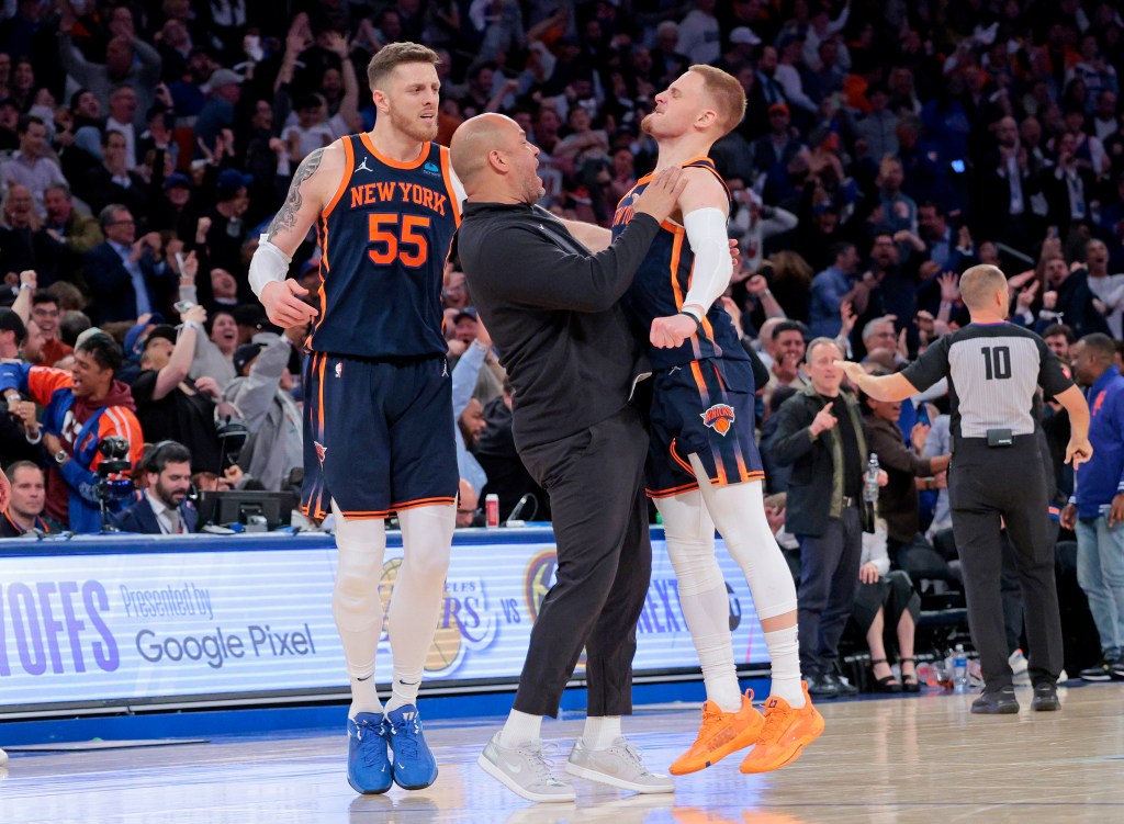 Donte DiVincenzo celebrates his game-winning 3-pointer in Game 2.