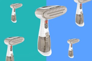 A collage of a handheld steam cleaner