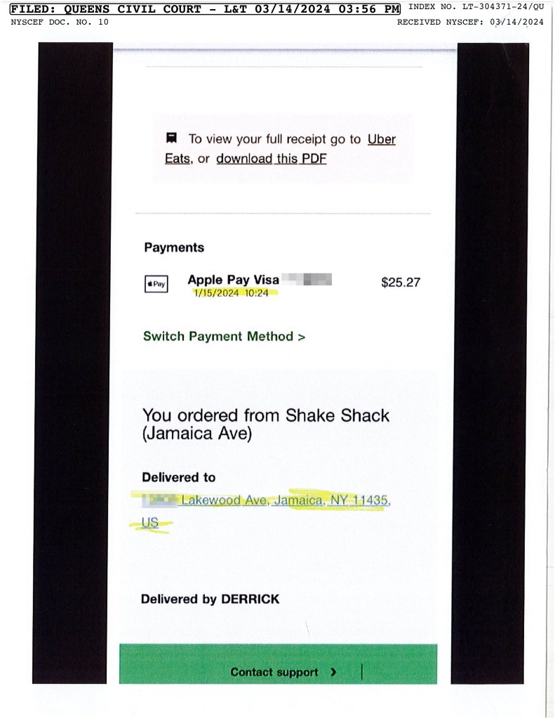 A Shake Shack delivery receipt was presented in court by a lawyer representing the two men suing a Queens couple claiming they were “unlawfully locked out” of the residence.
