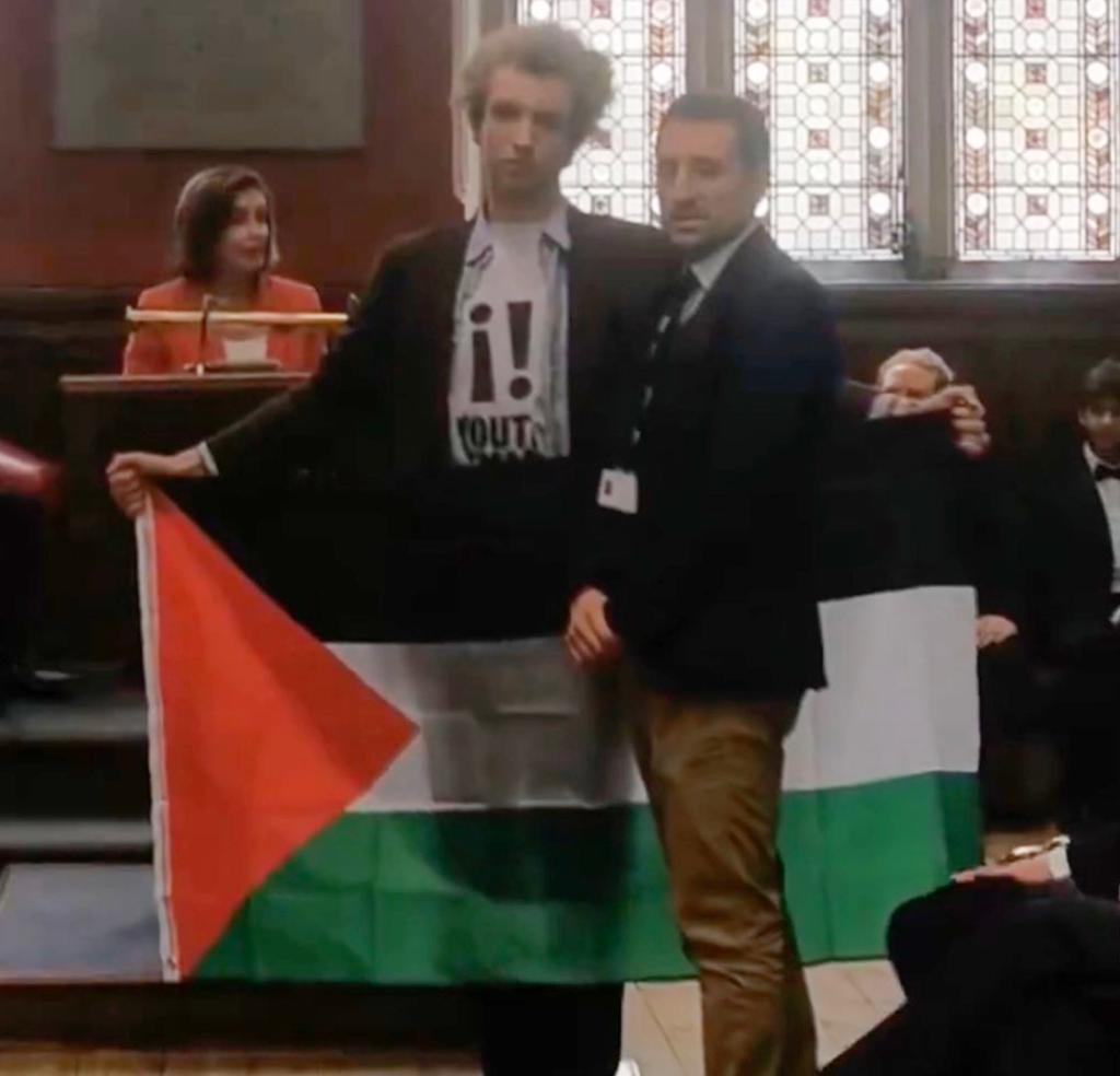 Two anti-Israel protestors interrupted Nancy Pelosi's speech to the Oxford Union on Thursday.